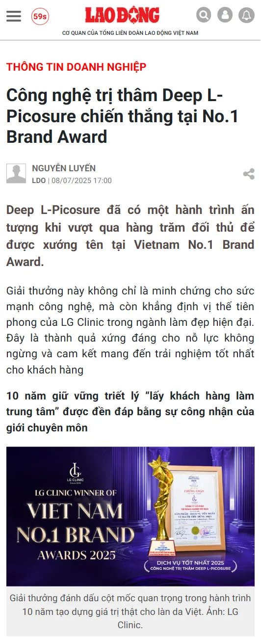 Laodong.vn công nghệ trị thâm Deep L Picosure chiến thắng tại No.1 Brand Award