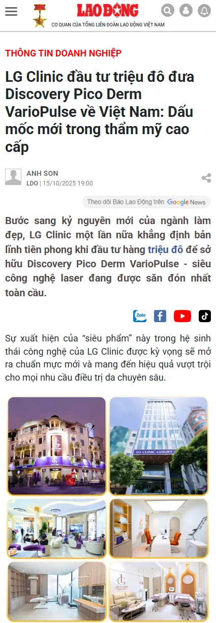 Báo Laodong.vn thông tin doanh nghiệp LG Clinic đầu tư triệu đô đưa Discovery Pico Derm VarioPulse