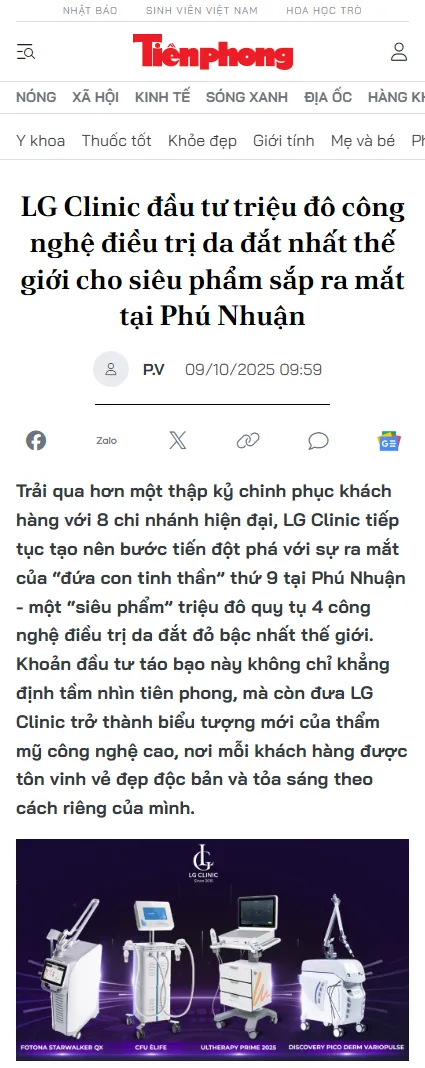 Báo Tienphong.vn LG Clinic đầu tư triệu đô công nghệ điều trị da đắt nhất thế giới cho siêu phẩm sắp ra mắt tại Phú Nhuận