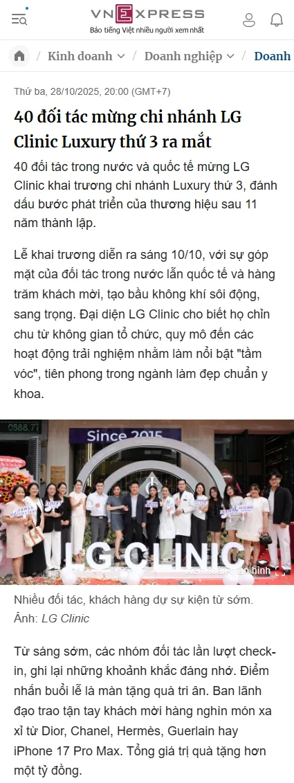 Báo VnExpress.net 40 đối tác mừng chi nhánh LG Clinic Luxury thứ 3 ra mắt
