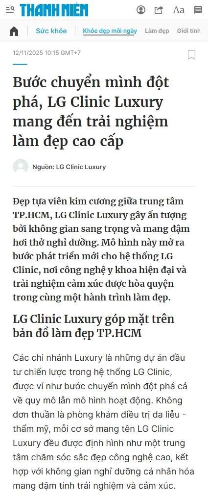 Thanhnien.vn bước chuyển mình đột phá LG Clinic Luxury mang đến trải nghiệm làm đẹp cao cấp
