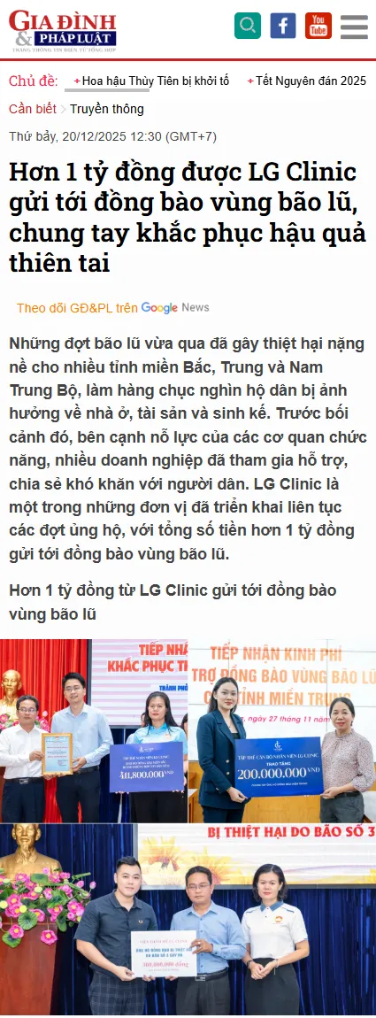 Báo Giadinhvaphapluat.vn hơn 1 tỷ đồng được LG Clinic gửi tới đồng bào vùng bão lũ chung tay khắc phục hậu quả thiên tai