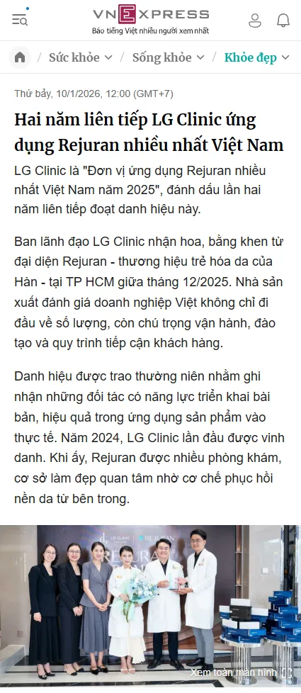VnExpress.net hai năm liên tiếp LG Clinic ứng dụng Rejuran nhiều nhất Việt Nam