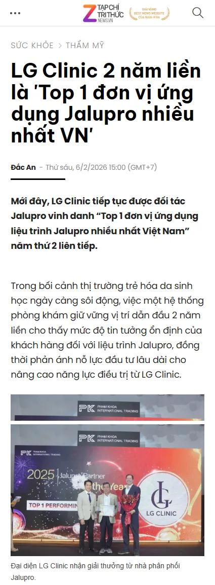 Znews.vn LG Clinic 2 năm liền là top 1 đơn vị ứng dụng Jalupro nhiều nhất VN